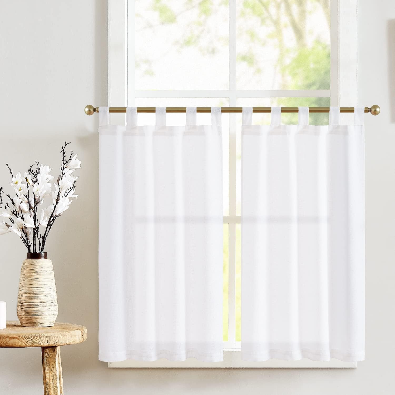 jinchan Linen Pinch Pleated Kitchen Curtains 24 Inch 2 Panels, Natural Linen Tier Curtains Back Tab Beige Farmhouse Cafe, Light Filtering Small Window Drapes for Bathroom Laundry Room Beige