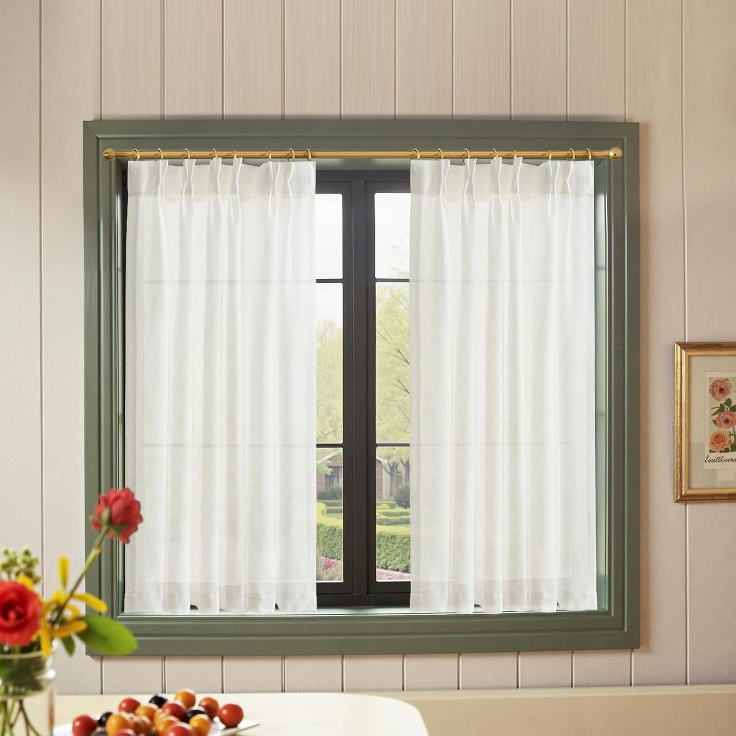 jinchan Linen Pinch Pleated Kitchen Curtains 24 Inch 2 Panels, Natural Linen Tier Curtains Back Tab Beige Farmhouse Cafe, Light Filtering Small Window Drapes for Bathroom Laundry Room Beige