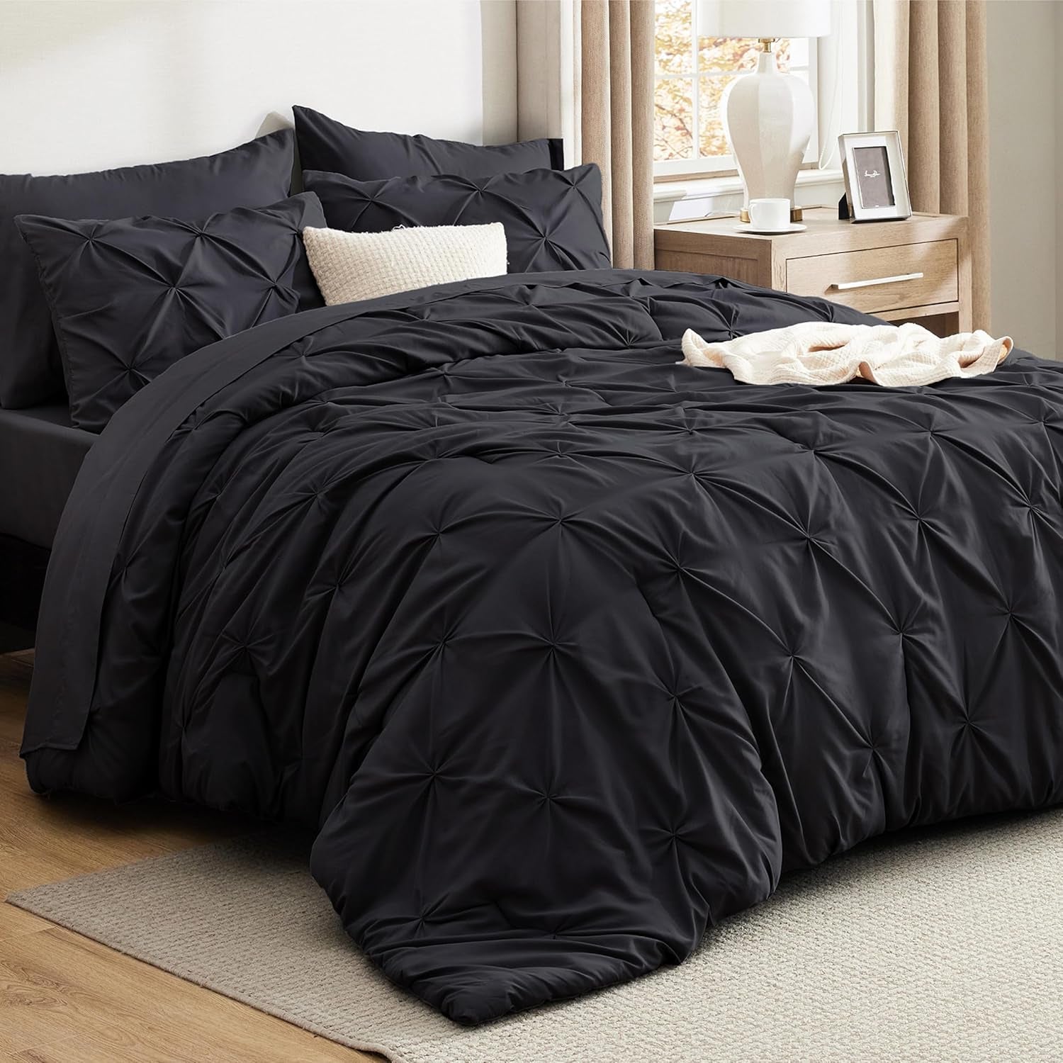 Bedsure Queen Comforter Set Grey - Bed in a Bag Queen Size 7 Pieces, GentleSoft™ Pintuck Bed Set Gift for Family, Pinch Pleat Grey Comforter with Sheets, Pillowcases & Shams