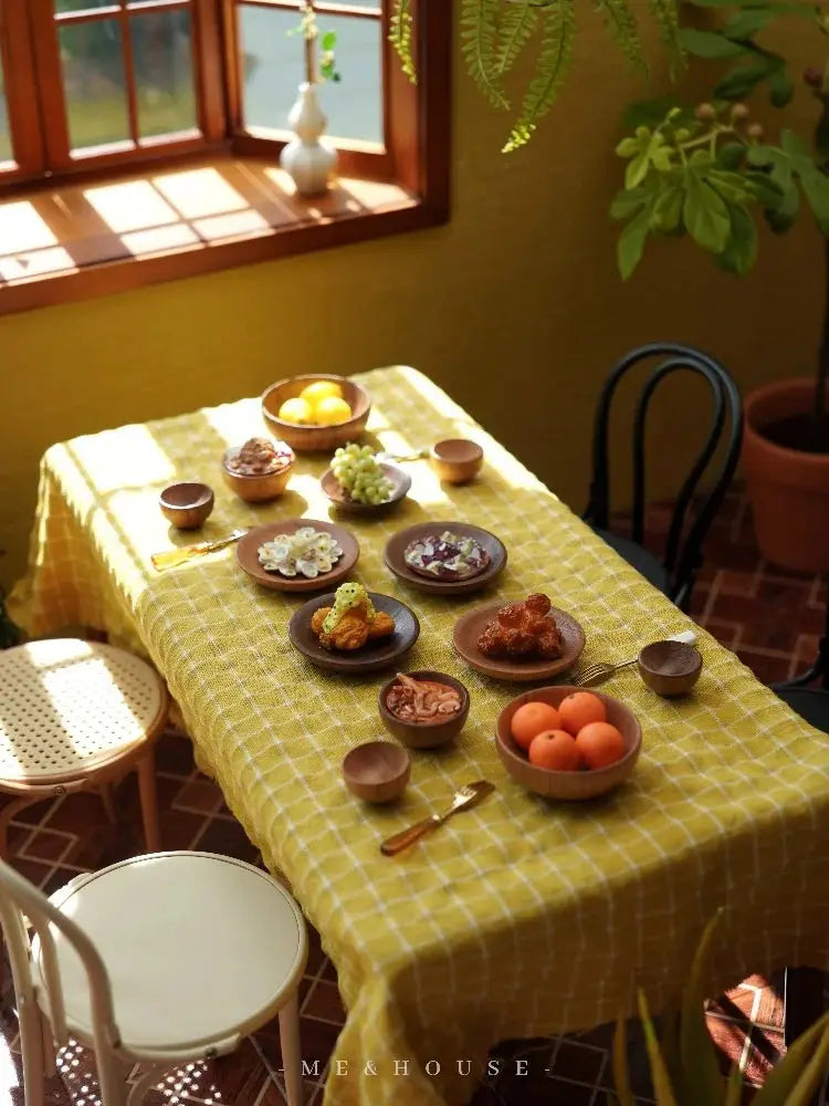 Mini Dollhouse Furniture Set - 1:6 solid wood bowls, plates, and trays arranged on a wooden table. Perfect for Bjd and Lol doll accessories.