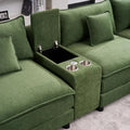 144'' U Shaped Modular Sectional Sofa in green upholstery with storage console, cupholders, and USB port. Features plush cushions for maximum comfort.