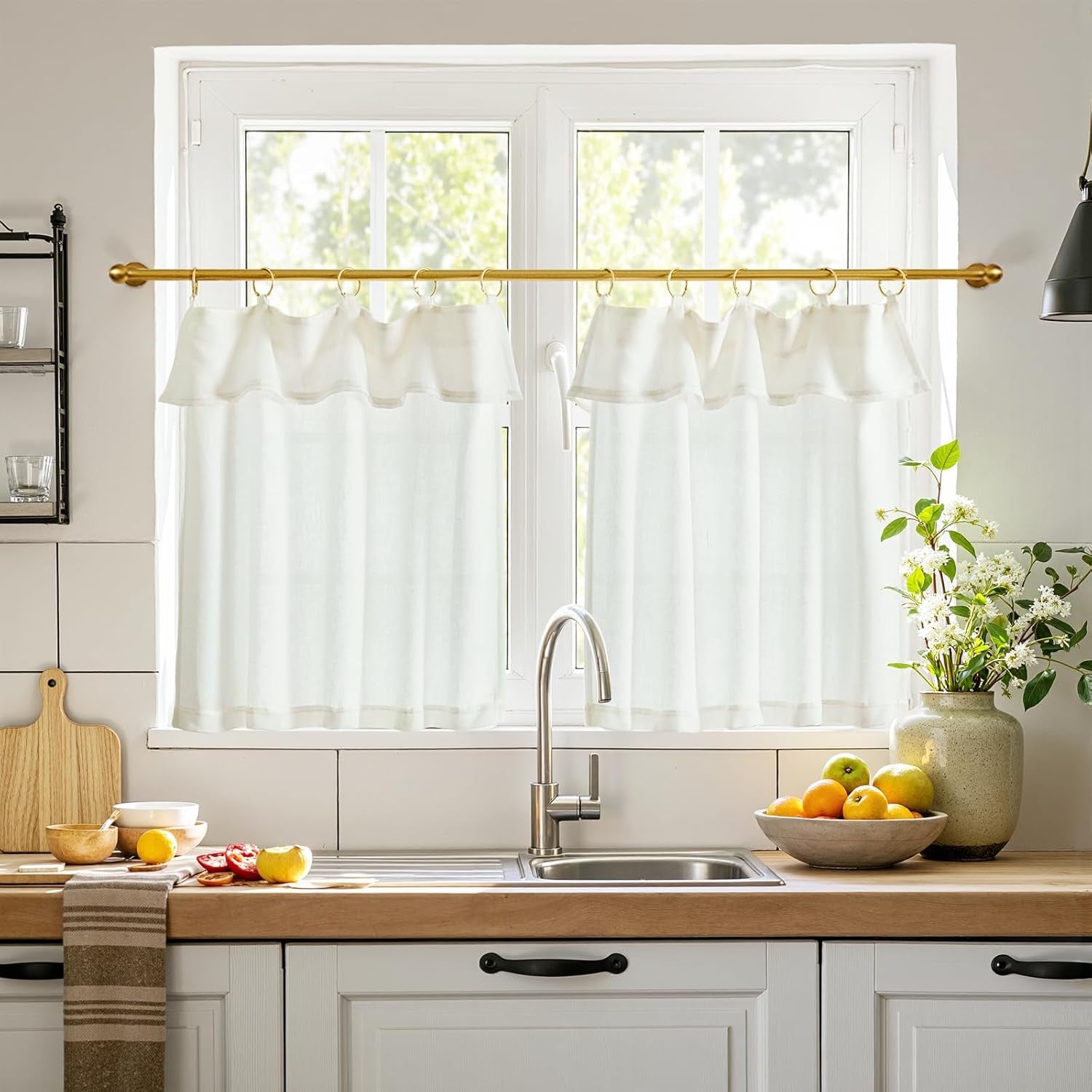 jinchan Linen Pinch Pleated Kitchen Curtains 24 Inch 2 Panels, Natural Linen Tier Curtains Back Tab Beige Farmhouse Cafe, Light Filtering Small Window Drapes for Bathroom Laundry Room Beige