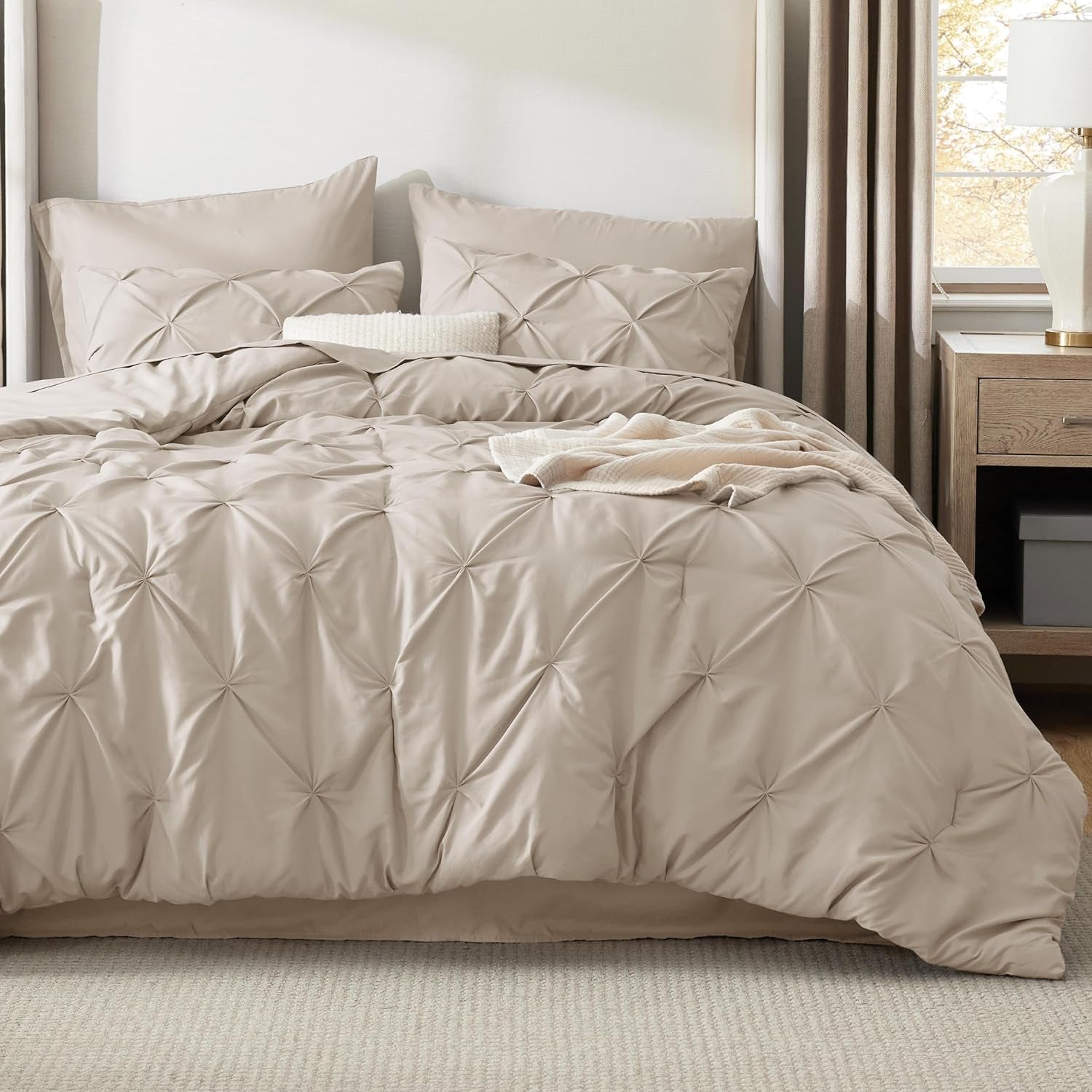 Bedsure Queen Comforter Set Grey - Bed in a Bag Queen Size 7 Pieces, GentleSoft™ Pintuck Bed Set Gift for Family, Pinch Pleat Grey Comforter with Sheets, Pillowcases & Shams
