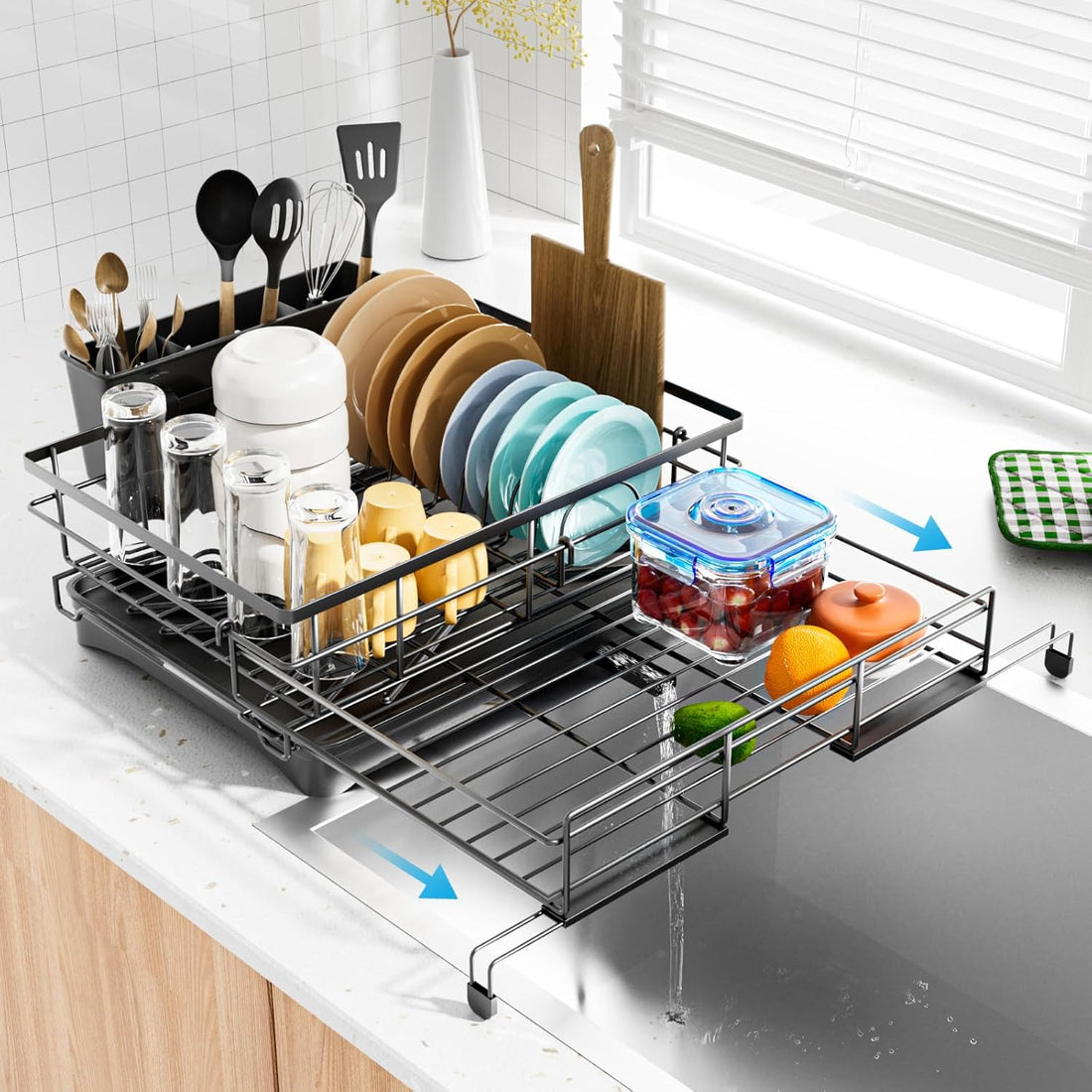 Dish Drying Rack - Expandable Rack, Large Capacity Dish Drainer for Kitchen Counter, Rust-Proof with Utensil Holder