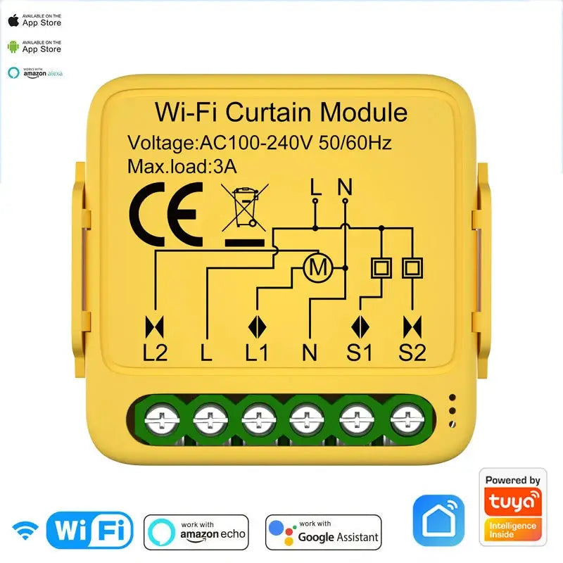 Tuya Smart Life WiFi Curtain Module enables app remote control for roller shutters and blinds via smartphone, compatible with Google Home and Alexa.