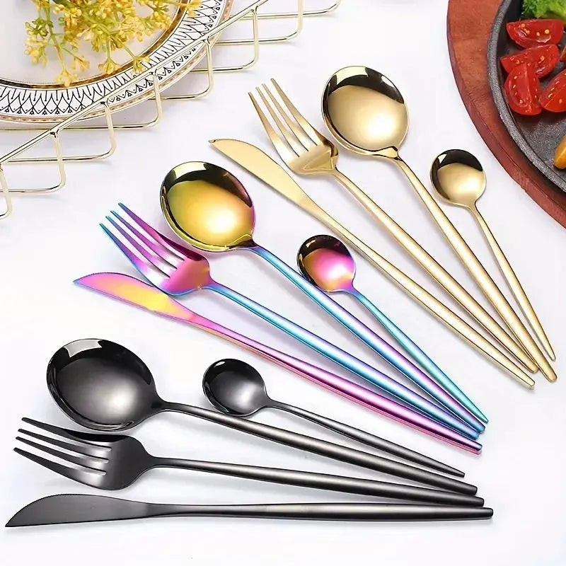 24-piece stainless steel golden cutlery set with a mirror finish, including forks, knives, and spoons. Elegant gold flatware for modern dining.