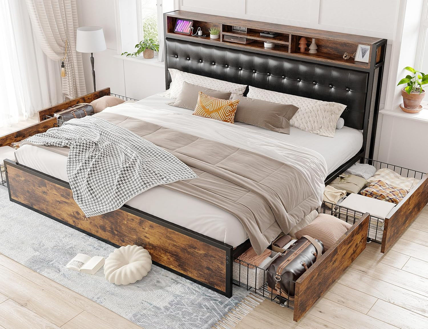 EnHomee King Size Bed Frame with 4 Storage Drawers King Bed Frame and Headboard Upholstered Charging Station,No Noise,No Box Spring Needed,Vintage Brown