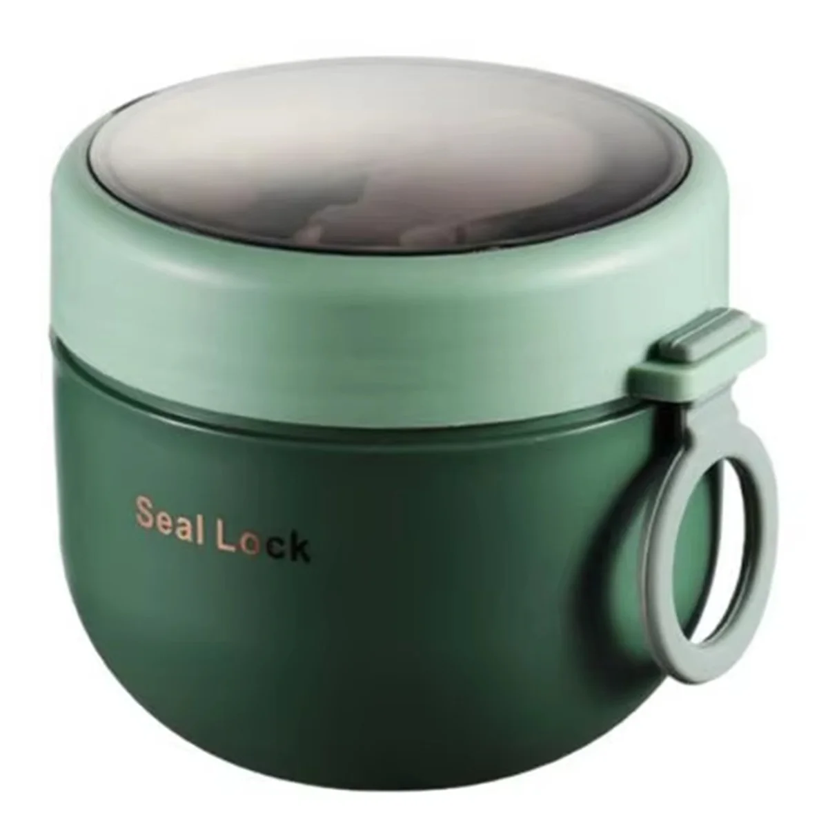 ATTU Stainless Steel Vacuum Soup Cup in green with a portable design, secure seal lock, and included spoon. Ideal for hot or cold meals on the go.