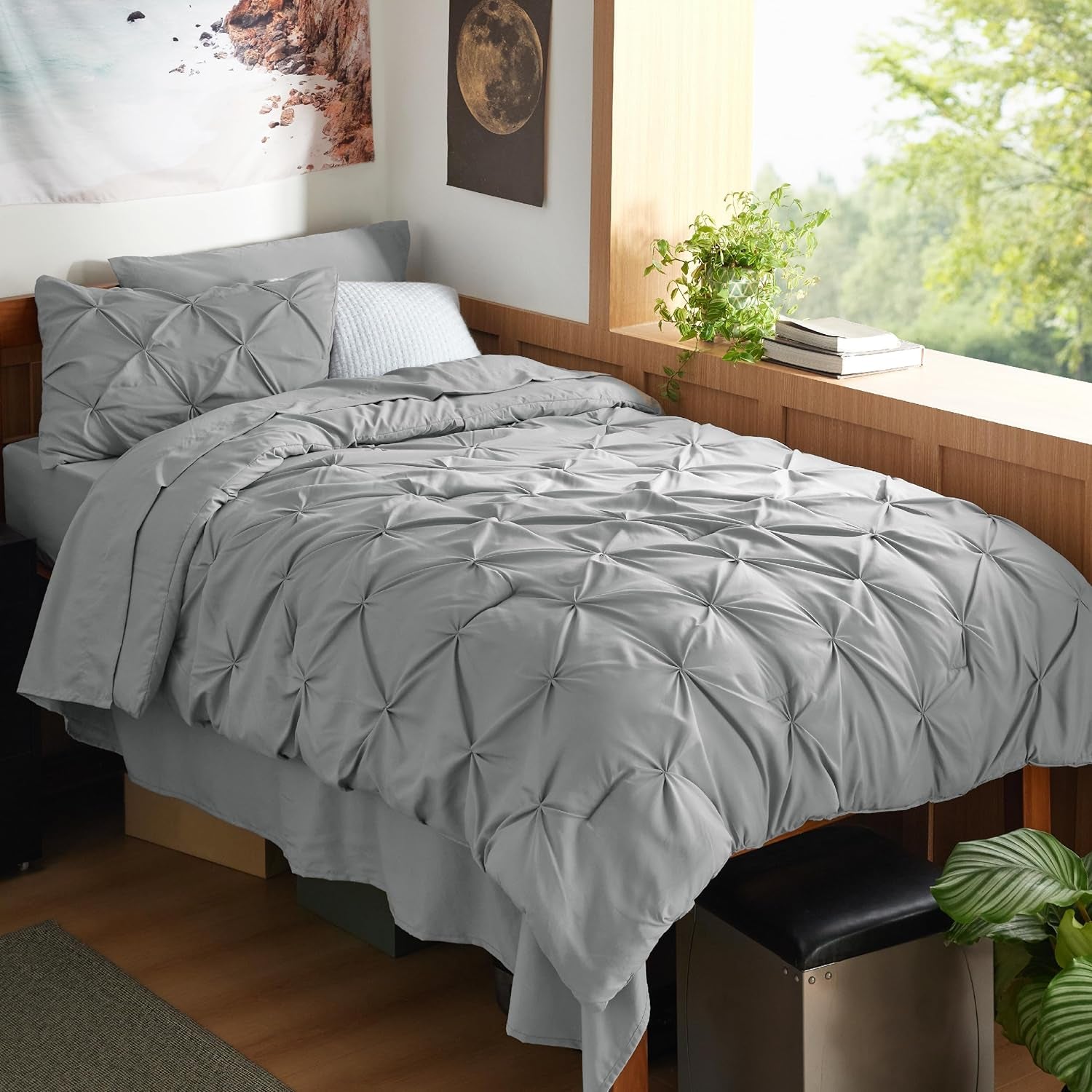 Bedsure Queen Comforter Set Grey - Bed in a Bag Queen Size 7 Pieces, GentleSoft™ Pintuck Bed Set Gift for Family, Pinch Pleat Grey Comforter with Sheets, Pillowcases & Shams