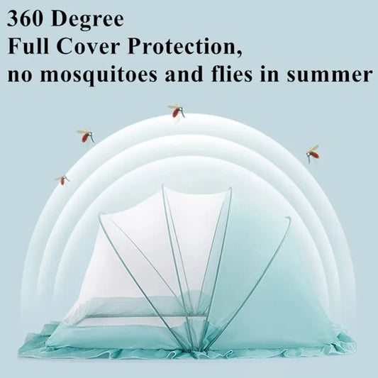 Foldable baby bed with mosquito net and cotton pillows, providing a safe and comfortable sleeping space for infants. Portable design for easy travel.