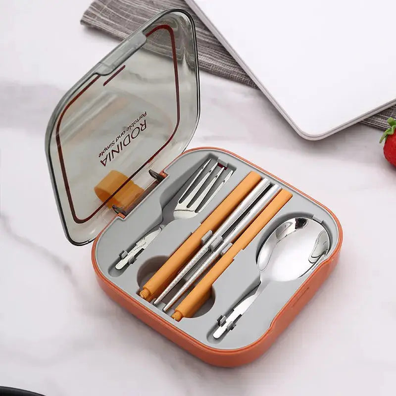 Stainless steel travel cutlery set in compact cases. Portable and reusable silverware with spoon, fork, and chopsticks, ideal for picnics or travel.