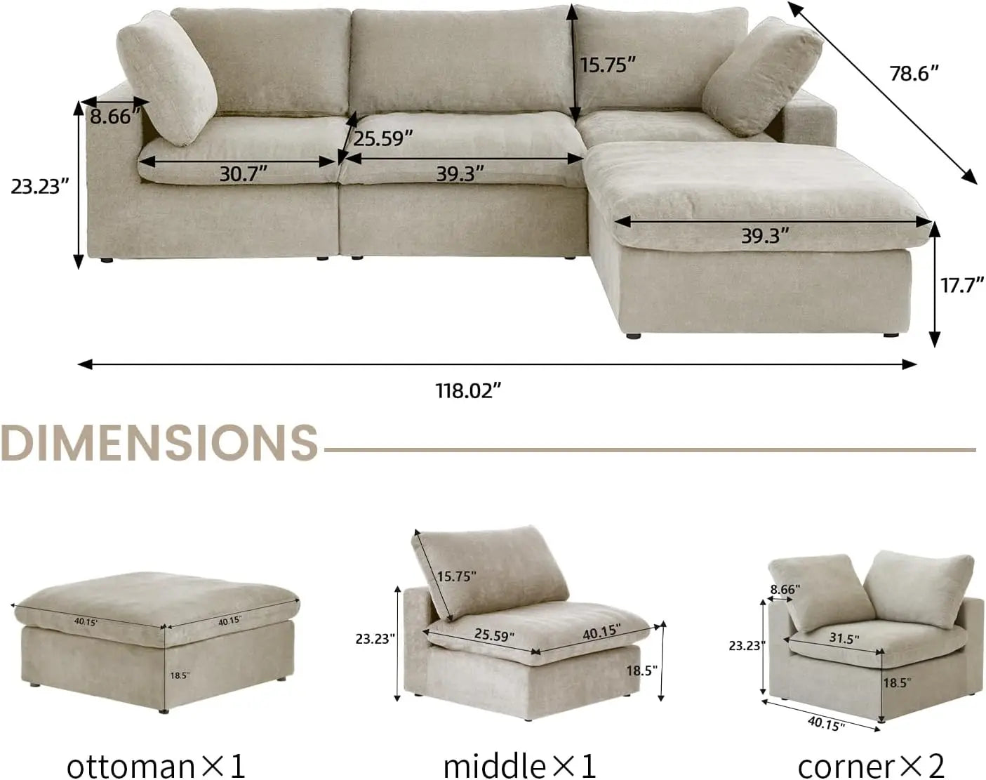 Cloud Modular Sectional Sofa,L Shaped Sofa Couch For Living Room,120.45Inch Down Filled Comfort Minimalist Wide Deep Seat