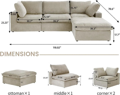 Cloud Modular Sectional Sofa,L Shaped Sofa Couch For Living Room,120.45Inch Down Filled Comfort Minimalist Wide Deep Seat