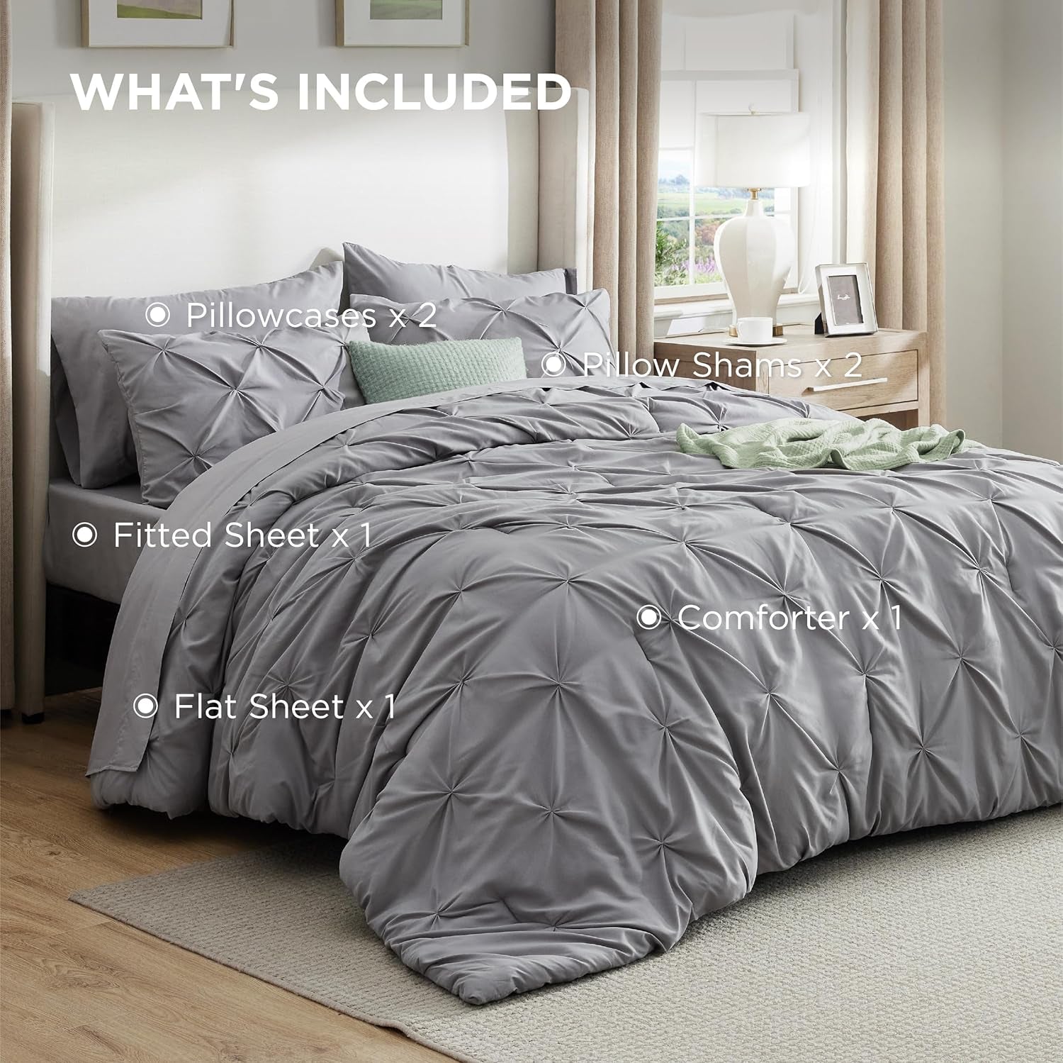 Bedsure Queen Comforter Set Grey - Bed in a Bag Queen Size 7 Pieces, GentleSoft™ Pintuck Bed Set Gift for Family, Pinch Pleat Grey Comforter with Sheets, Pillowcases & Shams