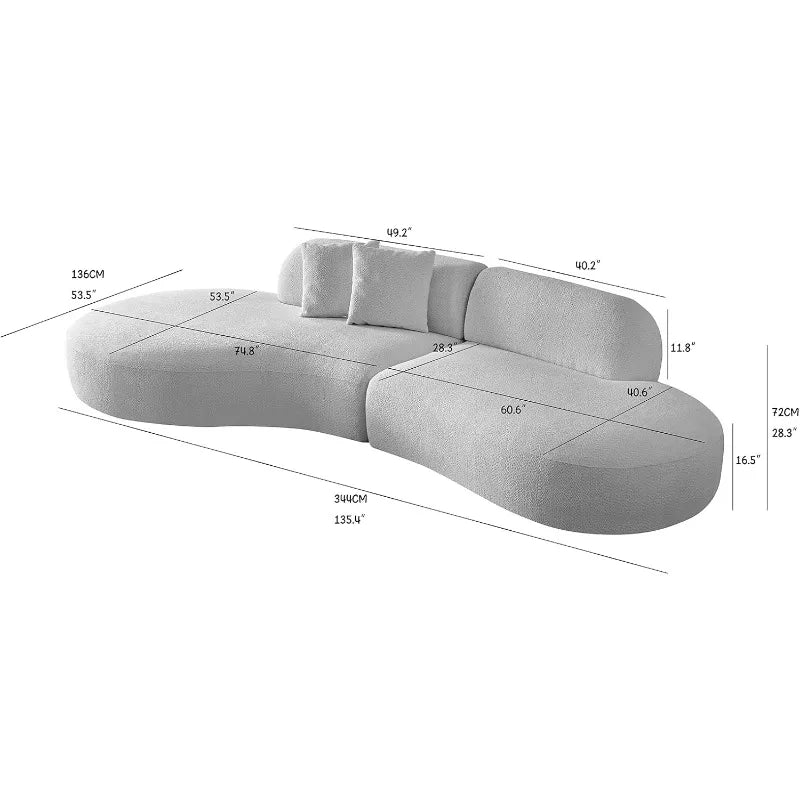 135.4-inch curved sectional sofa upholstered in boucle fabric, featuring a modern design with two matching pillows. Oversized chaise lounge seating for six in a stylish living room setting.