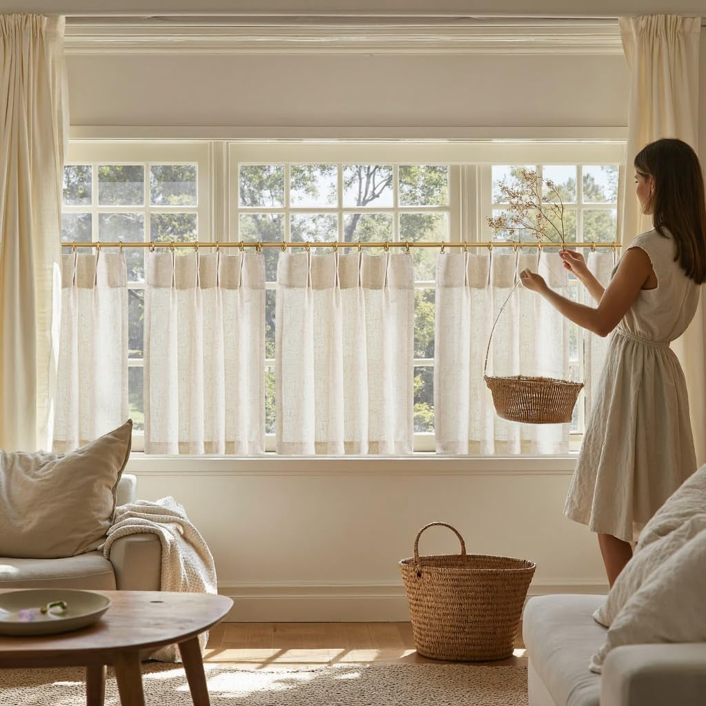 jinchan Linen Pinch Pleated Kitchen Curtains 24 Inch 2 Panels, Natural Linen Tier Curtains Back Tab Beige Farmhouse Cafe, Light Filtering Small Window Drapes for Bathroom Laundry Room Beige