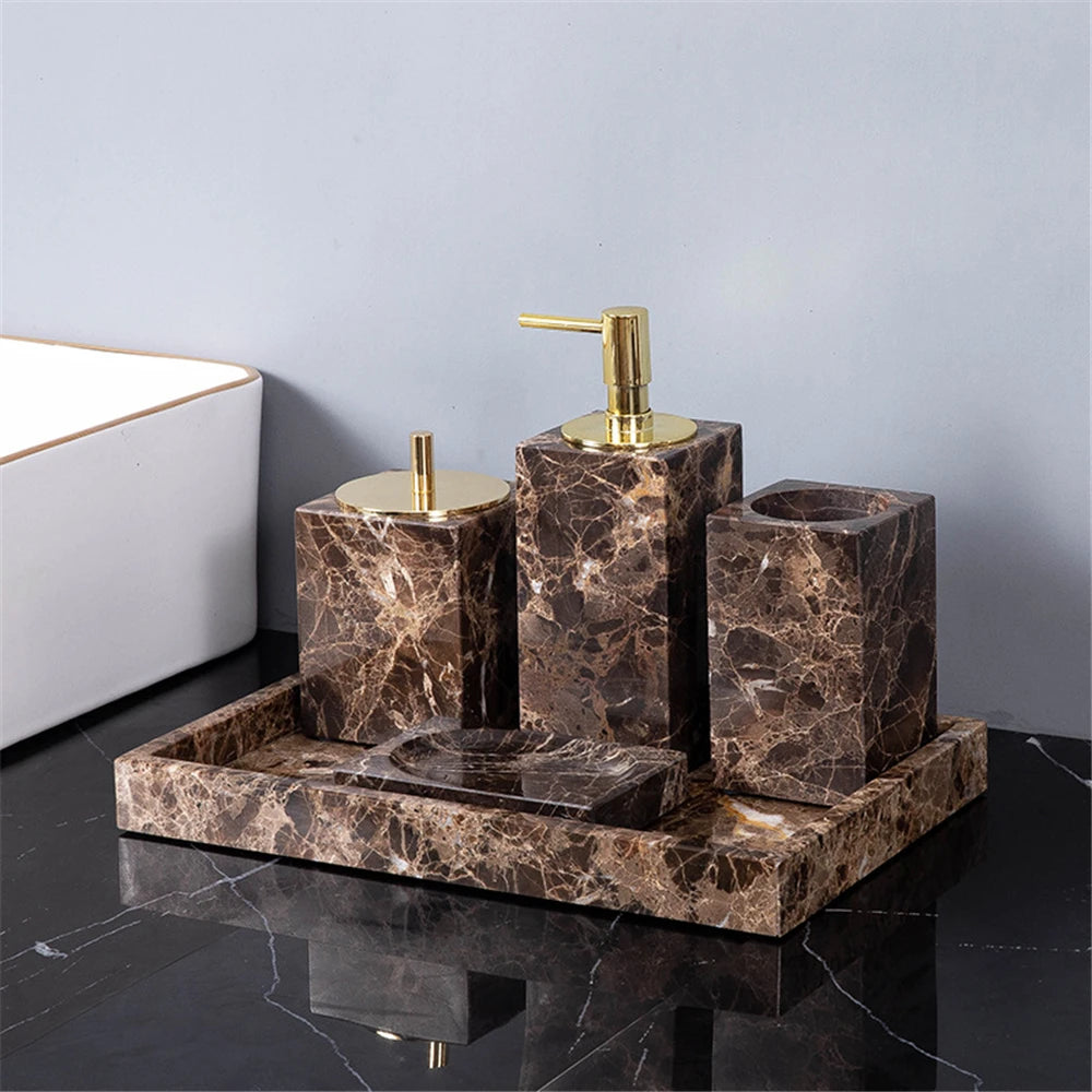 Brown Onyx Natural Marble Bathroom Accessories Luxury Marble Soap Dispenser Toothbrush Holder Soap Dish Tray Set for Bathroom