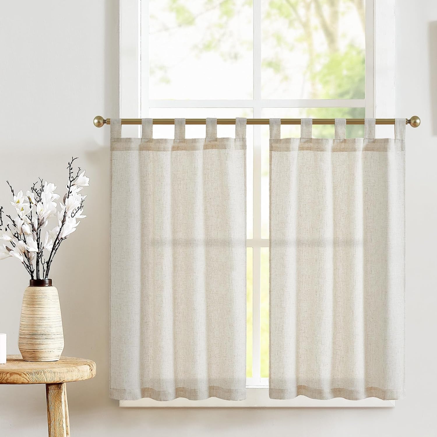 jinchan Linen Pinch Pleated Kitchen Curtains 24 Inch 2 Panels, Natural Linen Tier Curtains Back Tab Beige Farmhouse Cafe, Light Filtering Small Window Drapes for Bathroom Laundry Room Beige