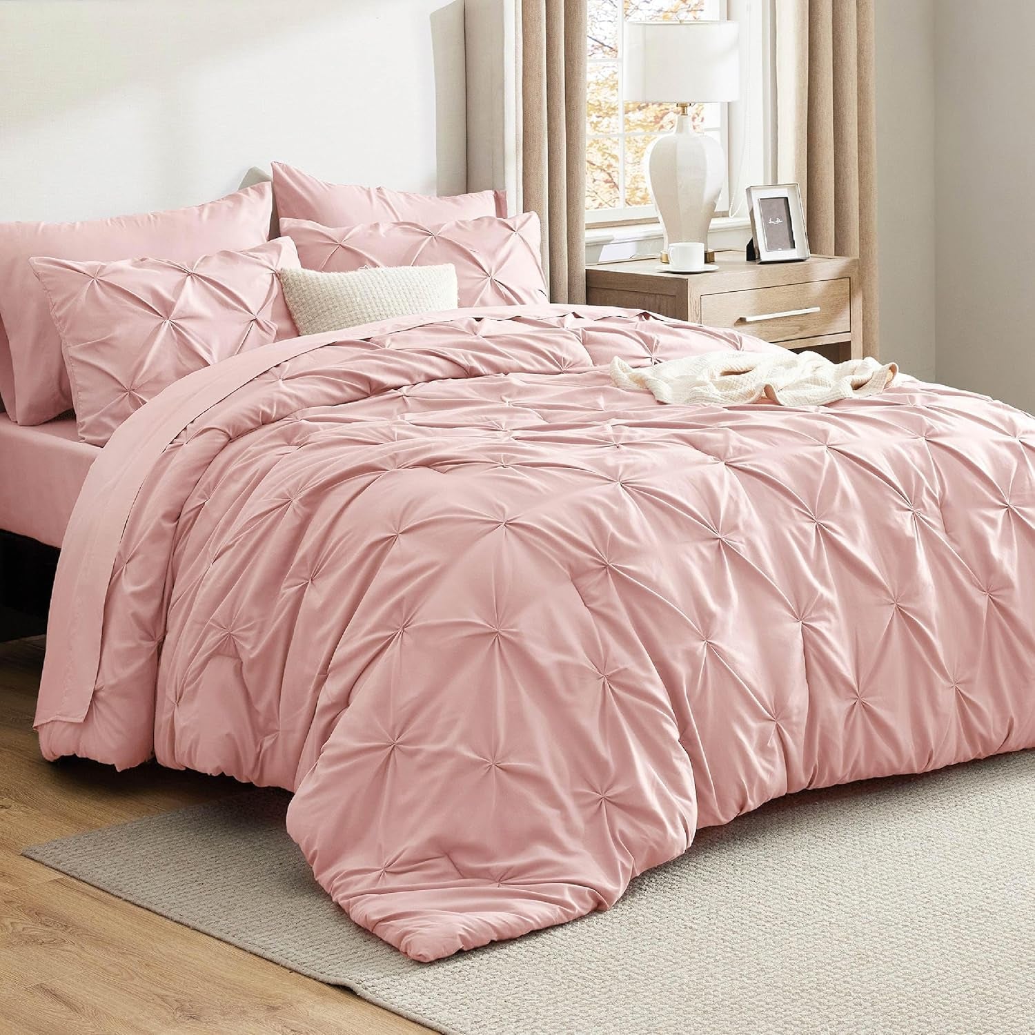 Bedsure Queen Comforter Set Grey - Bed in a Bag Queen Size 7 Pieces, GentleSoft™ Pintuck Bed Set Gift for Family, Pinch Pleat Grey Comforter with Sheets, Pillowcases & Shams