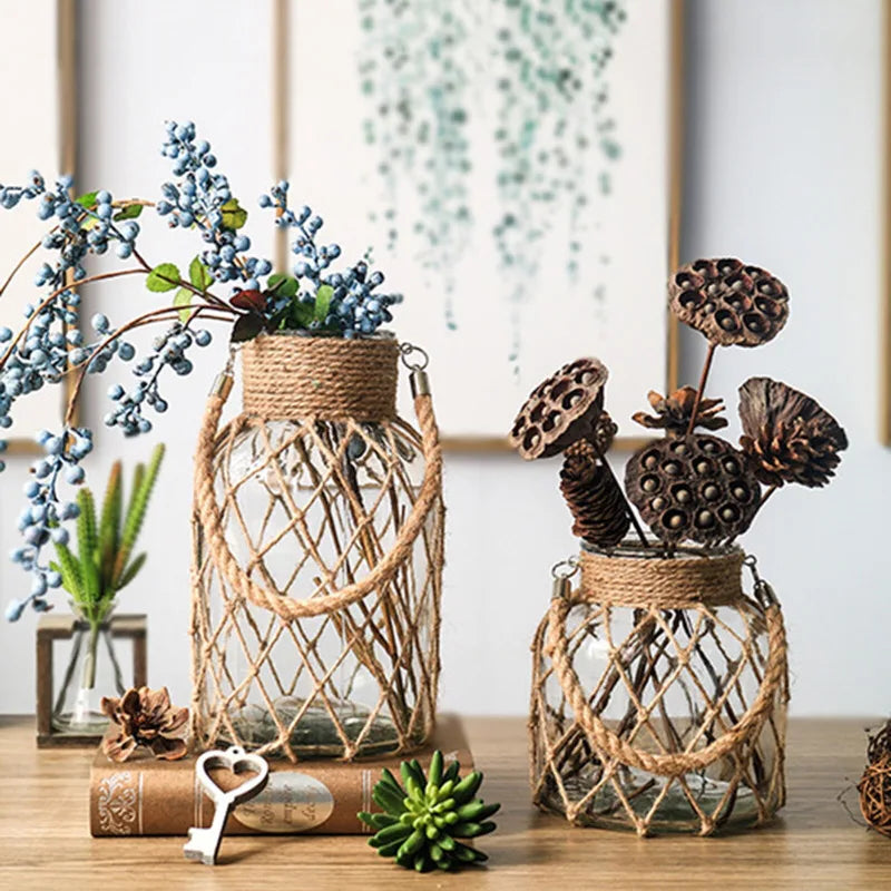 Vintage Glass Vase with Braided Hemp Rope