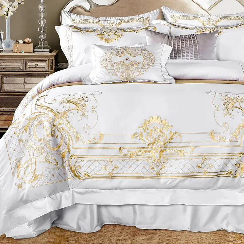 White Egyptian Cotton Bedding set US King Queen size Chic Golden Embroidery Bedding sets Super Soft Bed sheet set Duvet cover


