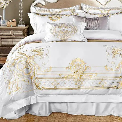 White Egyptian Cotton Bedding set US King Queen size Chic Golden Embroidery Bedding sets Super Soft Bed sheet set Duvet cover


