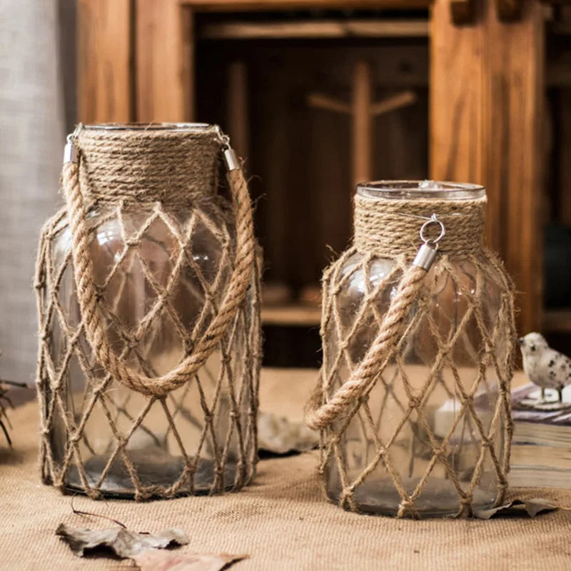 Vintage Glass Vase with Braided Hemp Rope