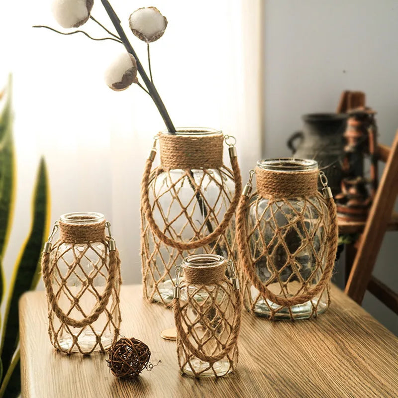 Vintage Glass Vase with Braided Hemp Rope