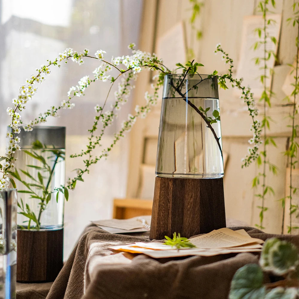 Elegant Glass Vase with Wooden Base