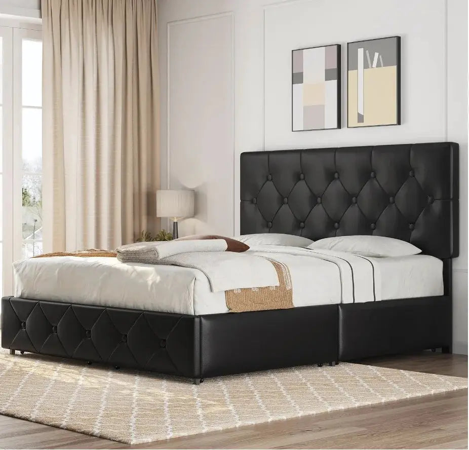 Queen size upholstered bed frame with four storage drawers and an adjustable tufted headboard in black faux leather. Modern platform bed with mattress foundation for home furniture.