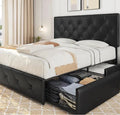 Queen size upholstered bed frame with four storage drawers and an adjustable tufted headboard in black faux leather. Modern platform bed with mattress foundation for home furniture.