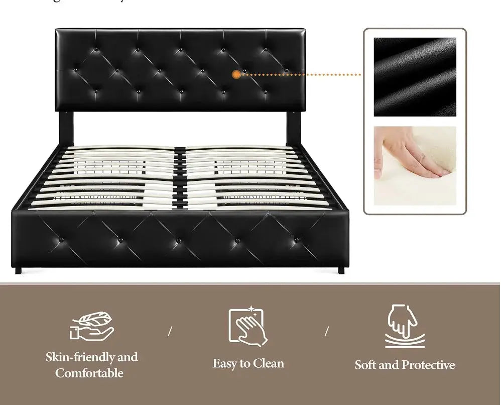 Queen size upholstered bed frame with four storage drawers and an adjustable tufted headboard in black faux leather. Modern platform bed with mattress foundation for home furniture.