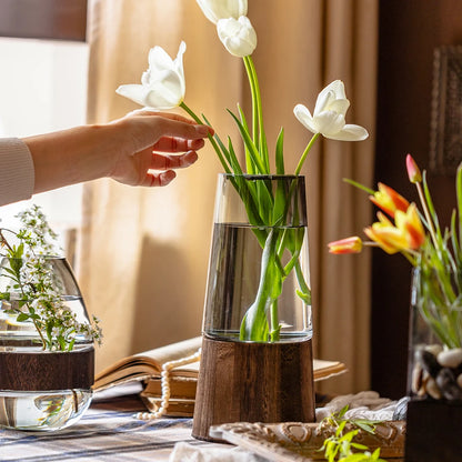 Elegant Glass Vase with Wooden Base