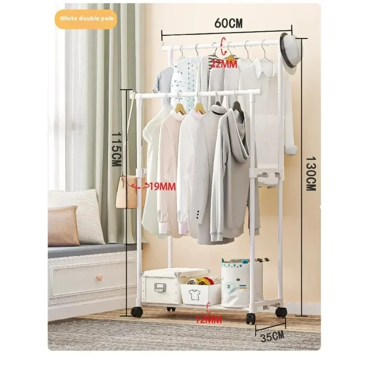 Movable Double Clothes Shelf Floor-Standing Coat Rack