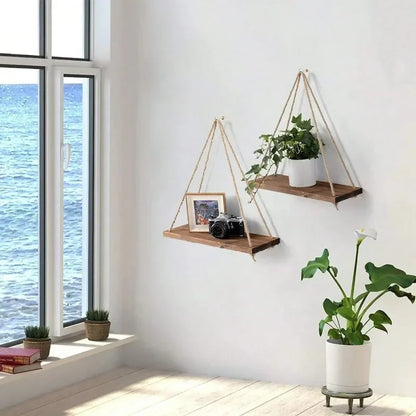 Wooden Swing Hanging Shelf Hemp Rope Tray