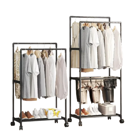 Movable Double Clothes Shelf Floor-Standing Coat Rack