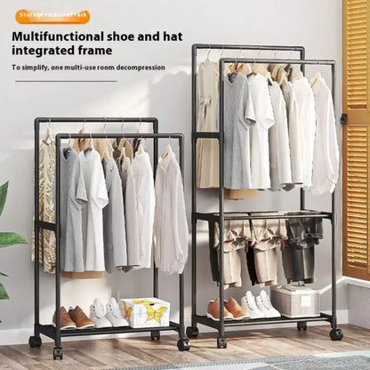 Movable Double Clothes Shelf Floor-Standing Coat Rack