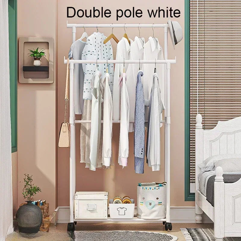 Movable Double Clothes Shelf Floor-Standing Coat Rack