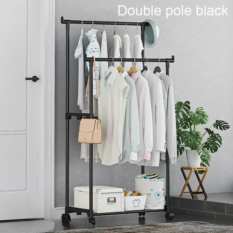 Movable Double Clothes Shelf Floor-Standing Coat Rack