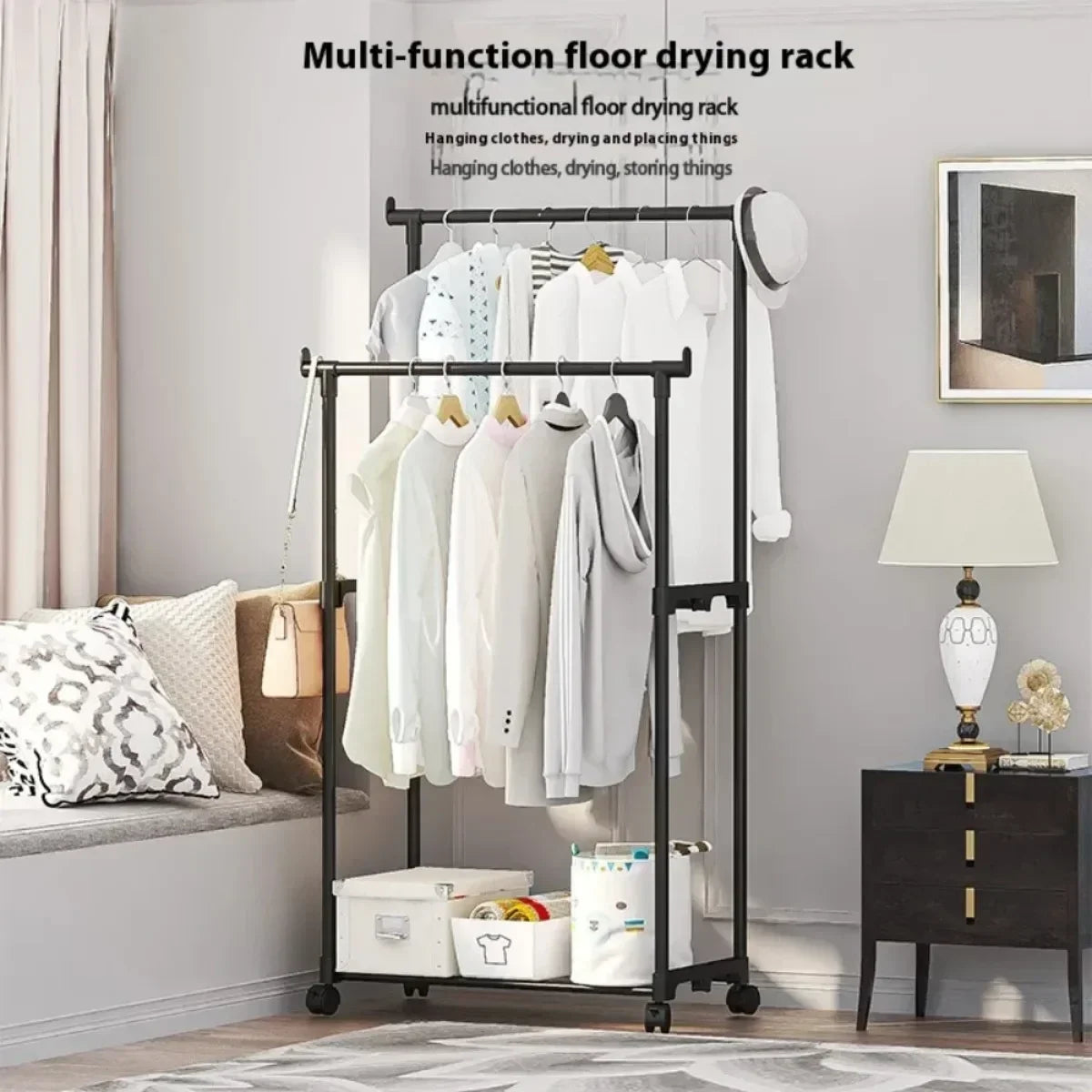 Movable Double Clothes Shelf Floor-Standing Coat Rack