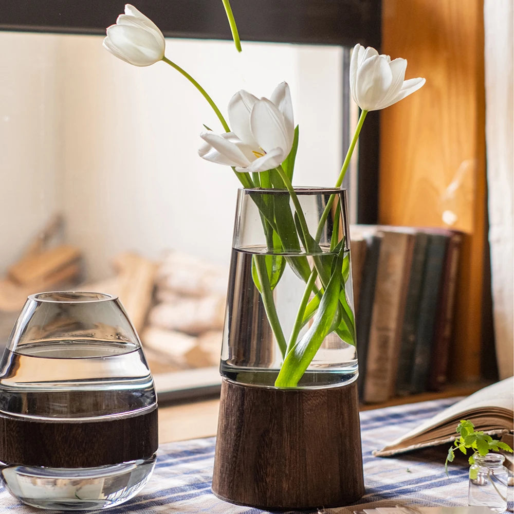 Elegant Glass Vase with Wooden Base