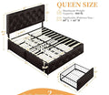 Queen size upholstered bed frame with four storage drawers and an adjustable tufted headboard in black faux leather. Modern platform bed with mattress foundation for home furniture.