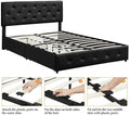 Queen size upholstered bed frame with four storage drawers and an adjustable tufted headboard in black faux leather. Modern platform bed with mattress foundation for home furniture.