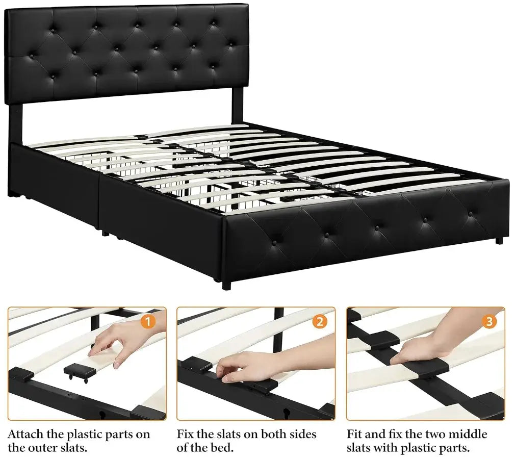 Queen size upholstered bed frame with four storage drawers and an adjustable tufted headboard in black faux leather. Modern platform bed with mattress foundation for home furniture.