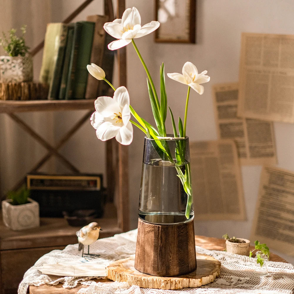 Elegant Glass Vase with Wooden Base