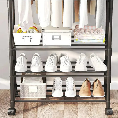 Movable Double Clothes Shelf Floor-Standing Coat Rack