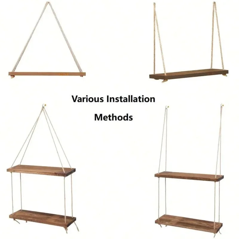 Wooden Swing Hanging Shelf Hemp Rope Tray