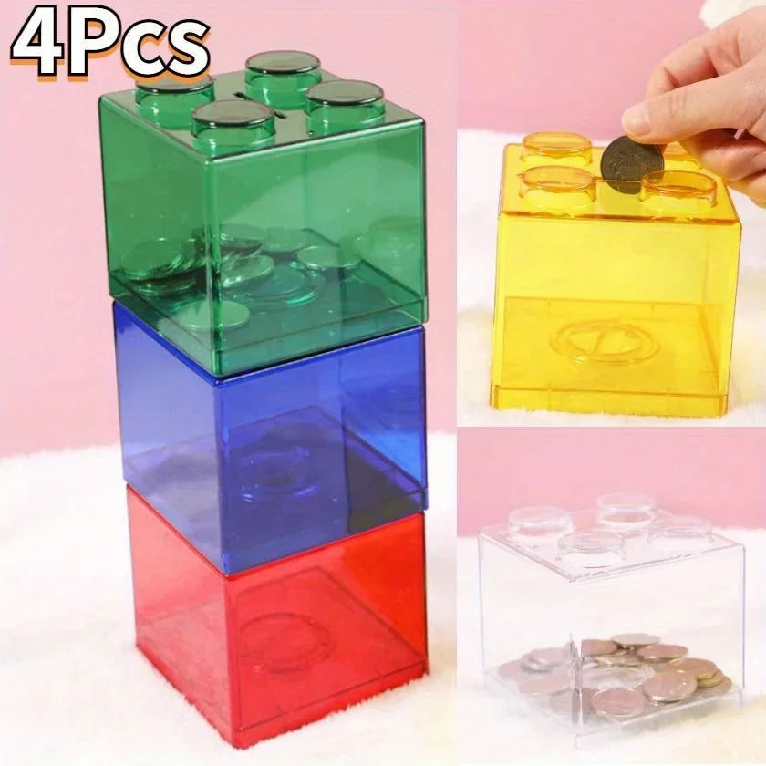 4 Clear Plastic Coin Savings Boxes