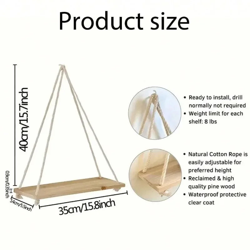 Wooden Swing Hanging Shelf Hemp Rope Tray