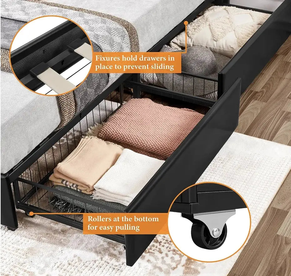 Queen size upholstered bed frame with four storage drawers and an adjustable tufted headboard in black faux leather. Modern platform bed with mattress foundation for home furniture.